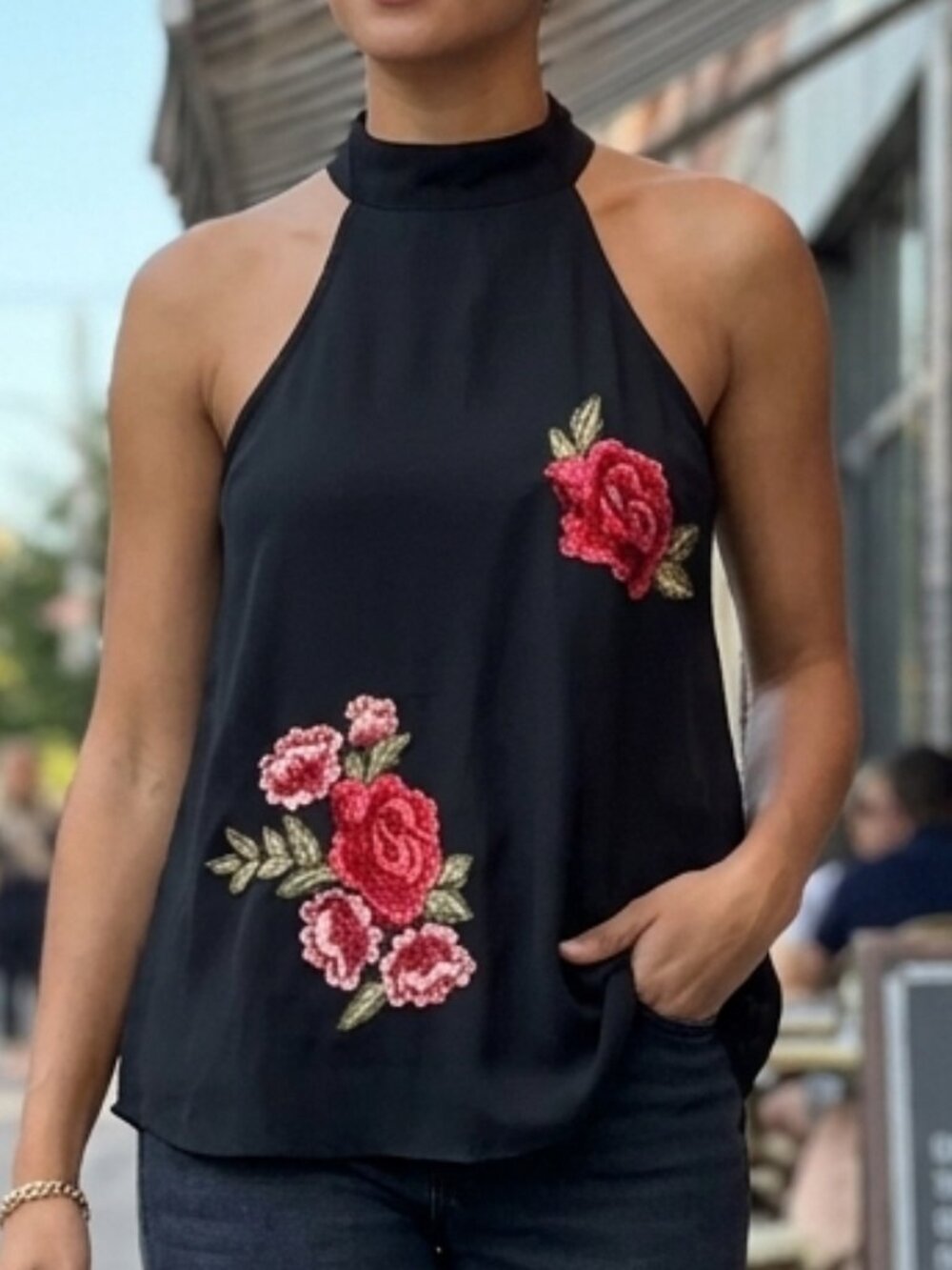 Black Halter Top Rose Embroidered Floral High Neck Boho Sleeveless Small